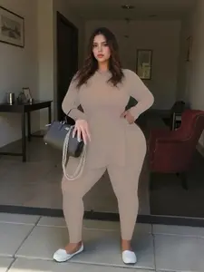 2025 New Plus Size Two-Piece Set Elegant SolidColor Round Neck Long Sleeve Top & Elastic WaistPants Office Casual Matching Outfit Simple &Atmospheric Workwear for Curvy Women Clothes Elegance