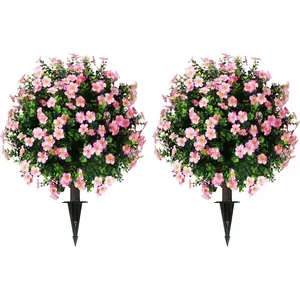 Set of 2 Artificial Boxwood Topiary Ball Trees with  Flower, Faux Shrub Bushes with Ground Spike 25.5", UV Resistant  Boxwood  for Indoor, Garden, Porch, Patio Decor ()