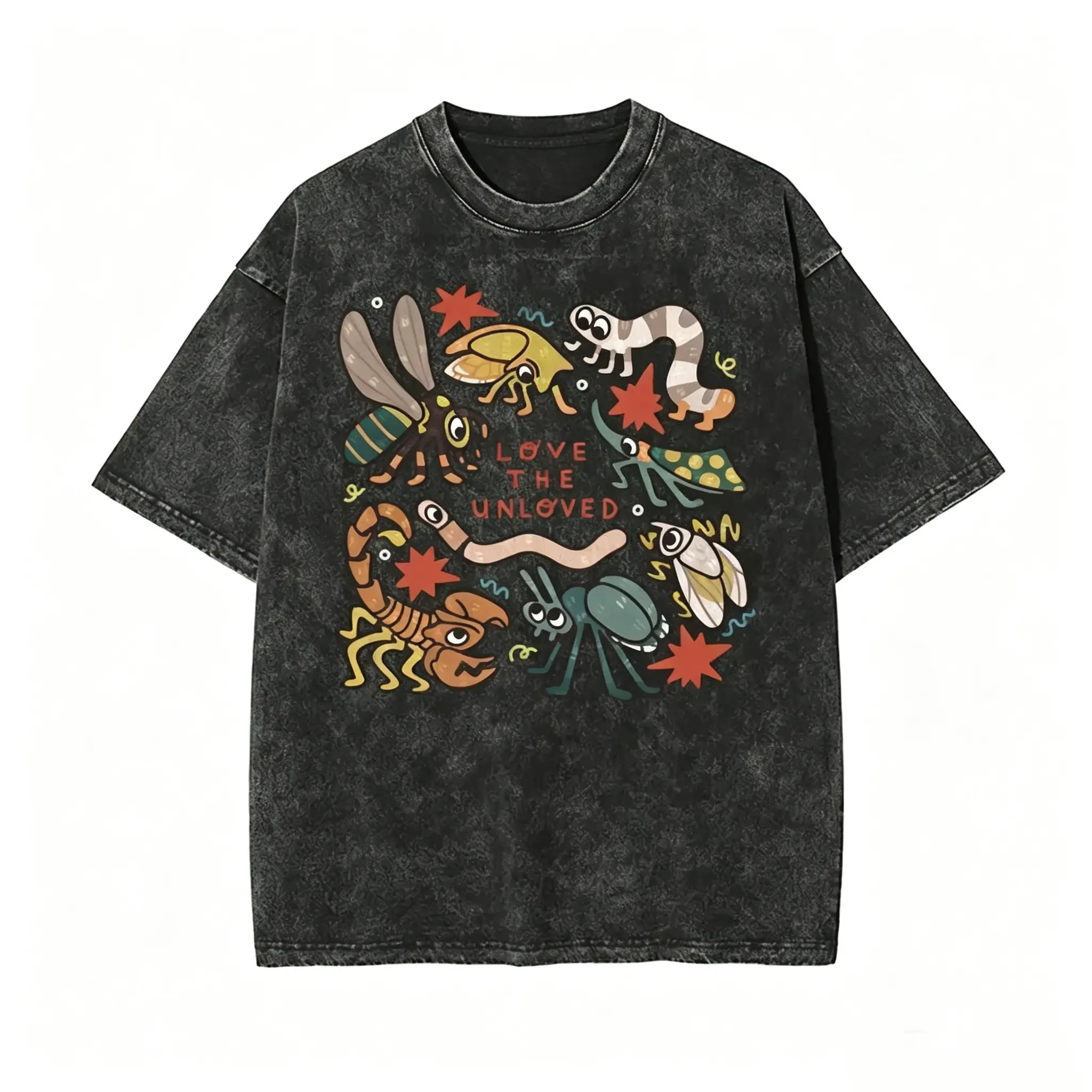 Men's Vintage Washed Casual Loose Oversize Short-Sleeve Tops, Creepy Insect-Scorpion Cartoon Graphic Menswear T-Shirt, Couple Matching Tee, Shortsleeve