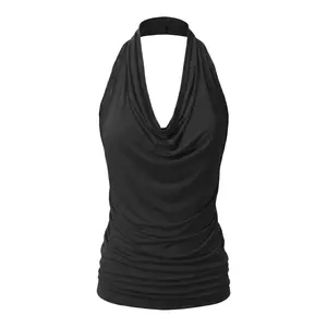 Women Halter Neck Tank Top Sexy Open Back Draped Front Sleeveless Casual Summer Top Stretchy Lightweight Fit For Night Out Plus Size