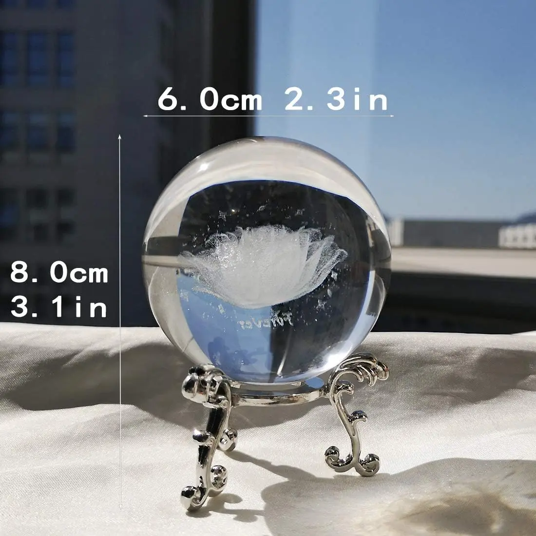 F-SO14 2.3in (60mm) Transparent Glass Crystal Ball Paperweight - 3D Inner-Carving Flower Design, Silver Stand, Universal Fengshui Desktop Ornament, Ideal Boy/Girlfriend Business Gift