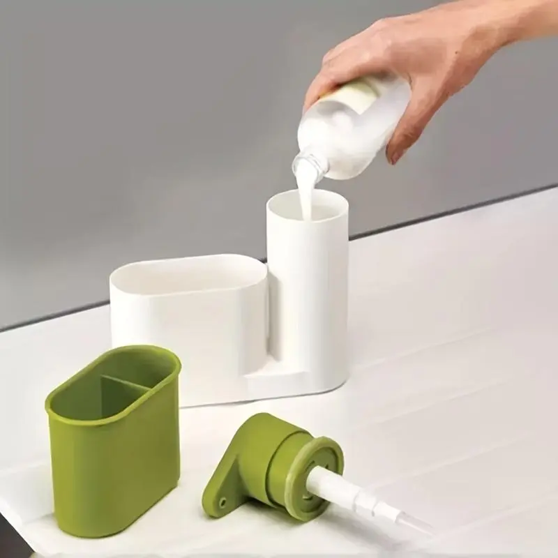 1pc Bathroom Sink Storage Box, Soap Dispenser with Sponge Holder, 2 in 1 Soap Pump with Brush and Sponge Holder, Kitchen Faucet Holder for Sponge, Brush and Soap, Bathroom Accessories