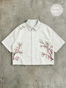 1 Pc Unisex Cropped Short Sleeve Button Down Shirt Vertical Striped Non-Printed Cherry Blossom Pattern Casual Top for Daily Street Wear