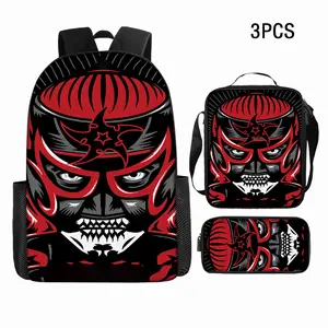 Lucha Libre Wrestler Mask 3PCS Backpack Set, Red Black Luchador Print School Backpack with Lunch Box & Pencil Case, Lightweight Durable Daypack for Fans, Ideal Mexican Wrestling Themed School Supplies Gift