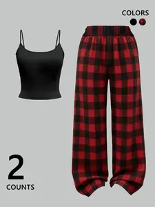 Women's New Style Solid Color Halter Top Sleepwear Plaid Long Pants Two-Piece Set Loungewear Home Wear Outerwear Pjs Pajama Homewear