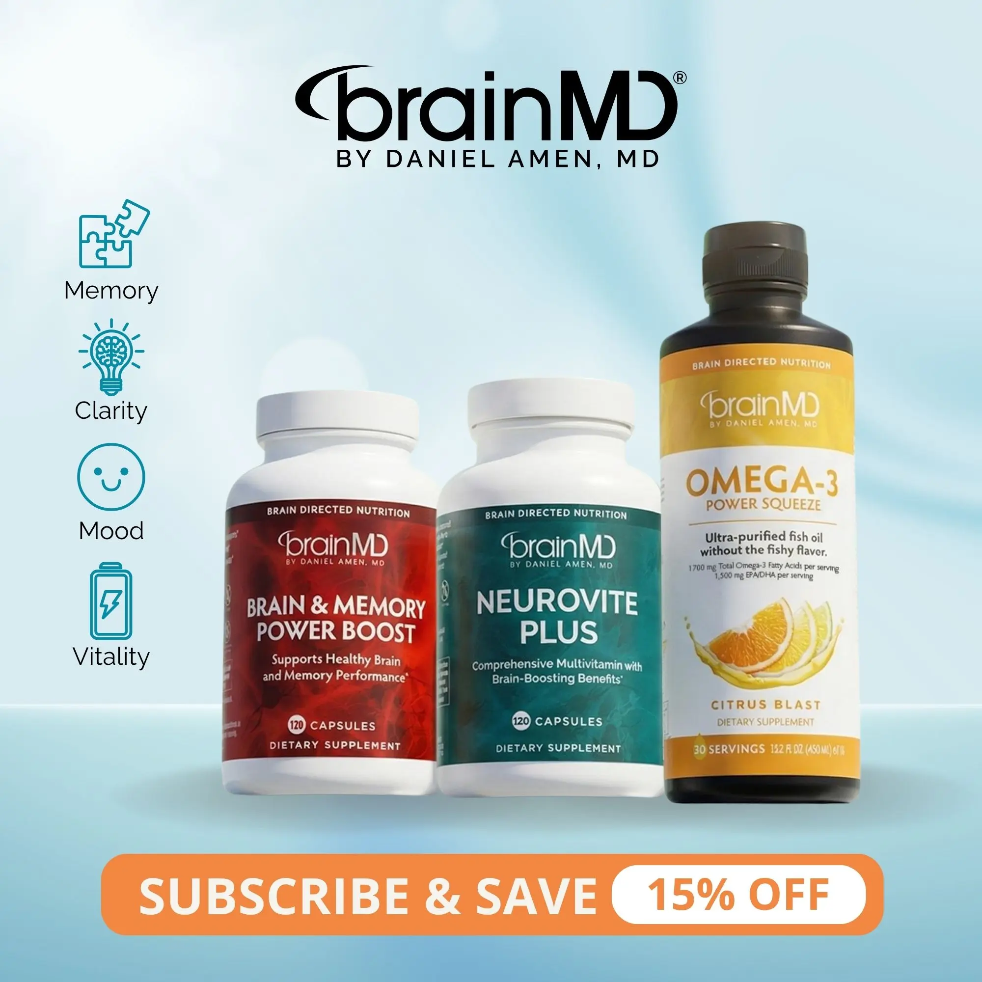 Daily Essentials with Squeeze | BrainMD | 3-in-1 Brain Health Bundle | Memory, Focus, Mood & Energy Support | Omega-3 + Multivitamin + Phosphatidylserine