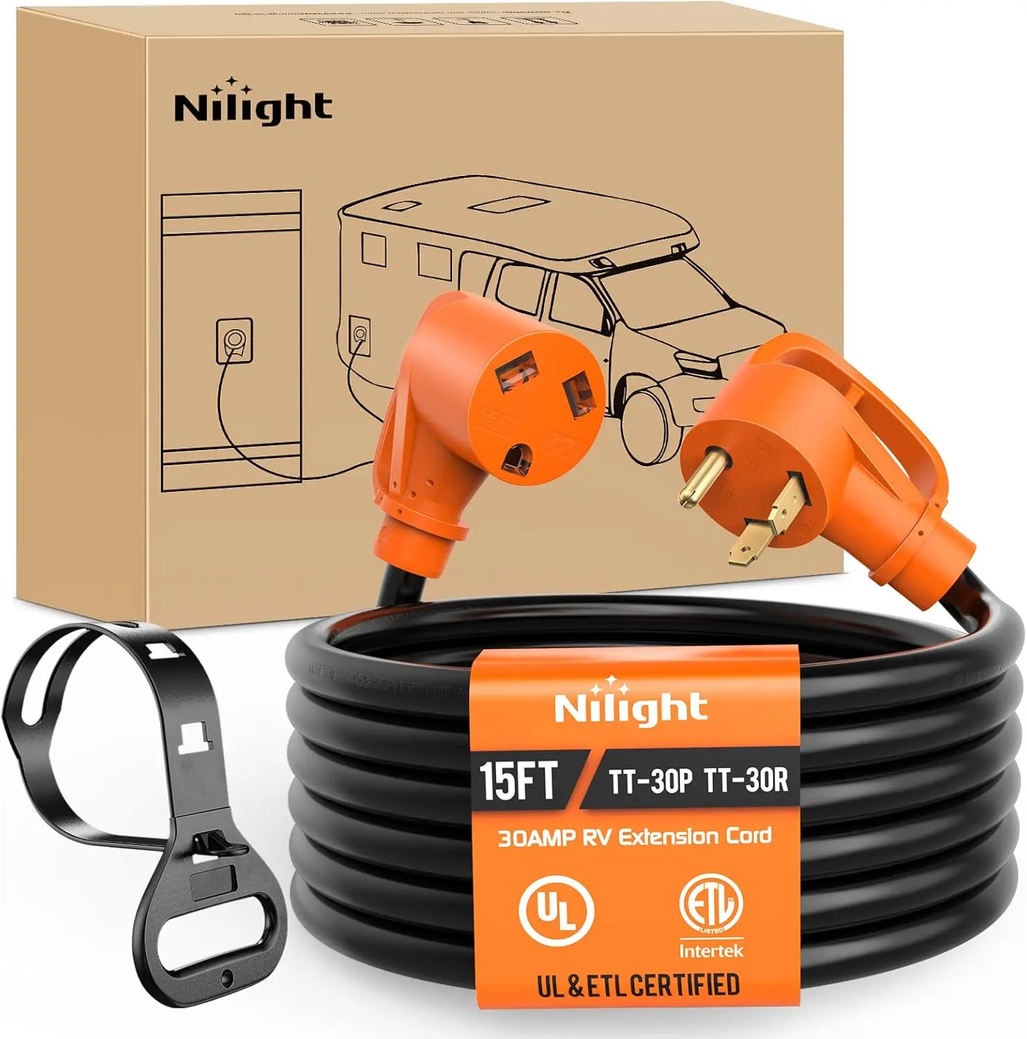 Nilight Heavy-Duty 30A 125V 10 Gauge Pure Copper STW Extension Cord Reel - 15/25/50/100FT RV Cable, UL ETL Listed, 3-Prong NEMA TT-30 Fit, 3750W Max Load, Rain-Proof Coat, Cable Organizer, Handle, Indoor/Garage/RV Site Use (15ft Option)