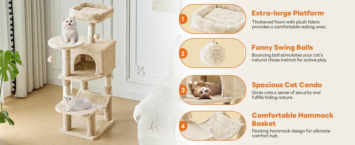Multi-Cat Climbing Tree Tower (44/54 in), Natural Sisal Scratching Posts, Condo, Extended Platform, Hammock, Pet House for Indoor Use Cats and Kittens