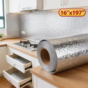 16x197 Inch Aluminum Foil Oil Proof Wall Sticker - Heat Resistant Waterproof Self Adhesive Kitchen Wallpaper, Oil Proof Backsplash Wallpaper for Kitchen Wall Countertop Cabinets