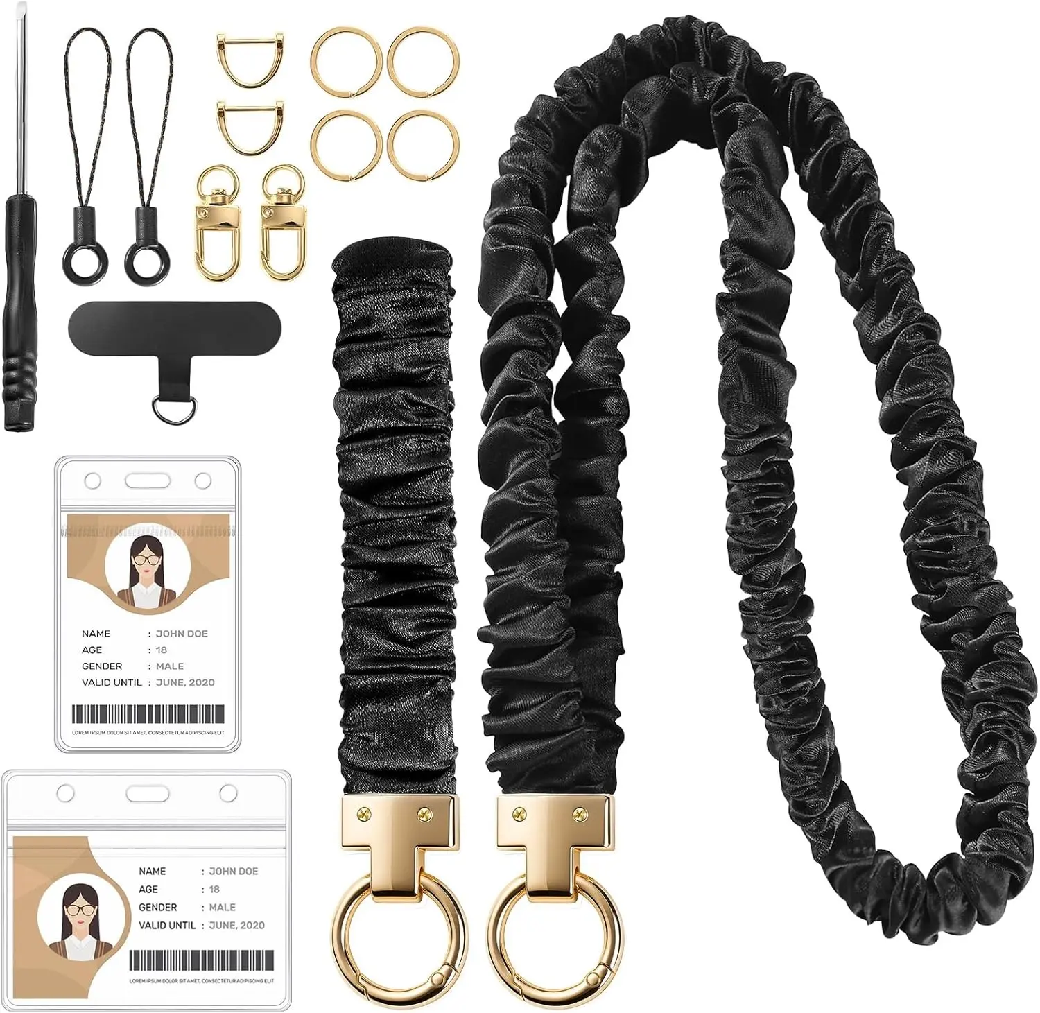 Scrunchie Lanyard with Id Holder and Wristlet Keychain, Black | Stretchy Satin Scrunchie Lanyard, Waterproof Badge Holders, Soft Comfort For Teachers, Office, Travel