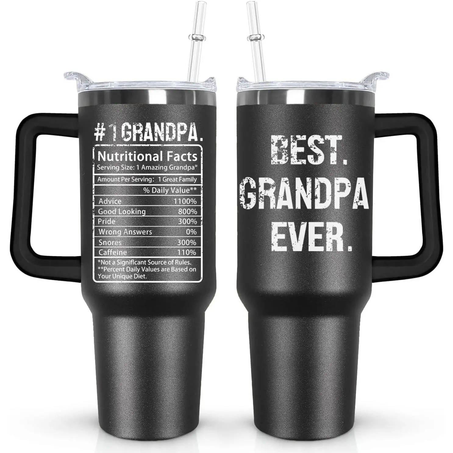 Ceovfoi 40oz Sturdy Stainless Steel Grandpa Tumbler - Portable Vacuum Flask with Handle, Lid, Straw, Black Coffee Mug, Novelty Gift for Grandpa, Daddy, Stepdad (Father's Day/Birthday)