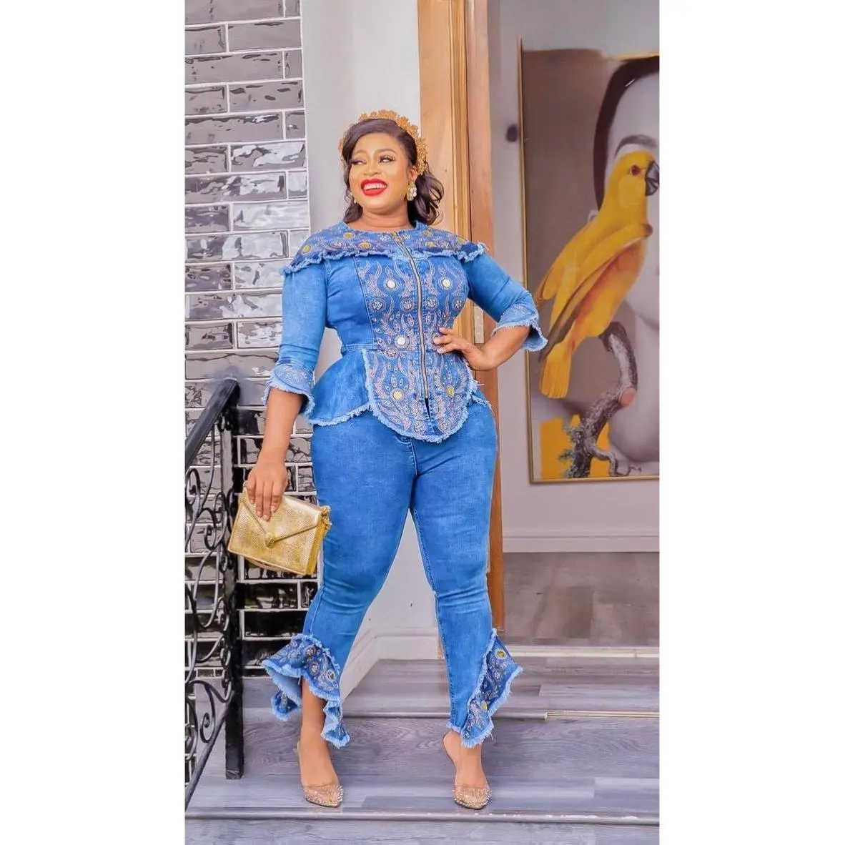 Denim and Diamonds Ruffle Shirt & Pants Curvy Stretch Jeans Birthday Party Concert Ladies Night Date