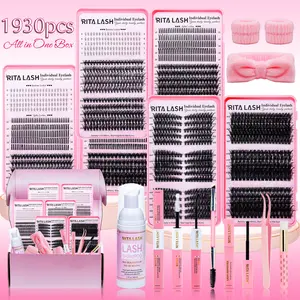 RITALASH 1930Pcs D Curl Eyelash, Eyelash Extensions 3 Trays Kit Bottom+Spike+60D+100D+30D+50D+80D Easy To Carry, Reusable, with Makeup Tools Bond&Seal, Remover, Headband, Suitable For Daily & Holidays
