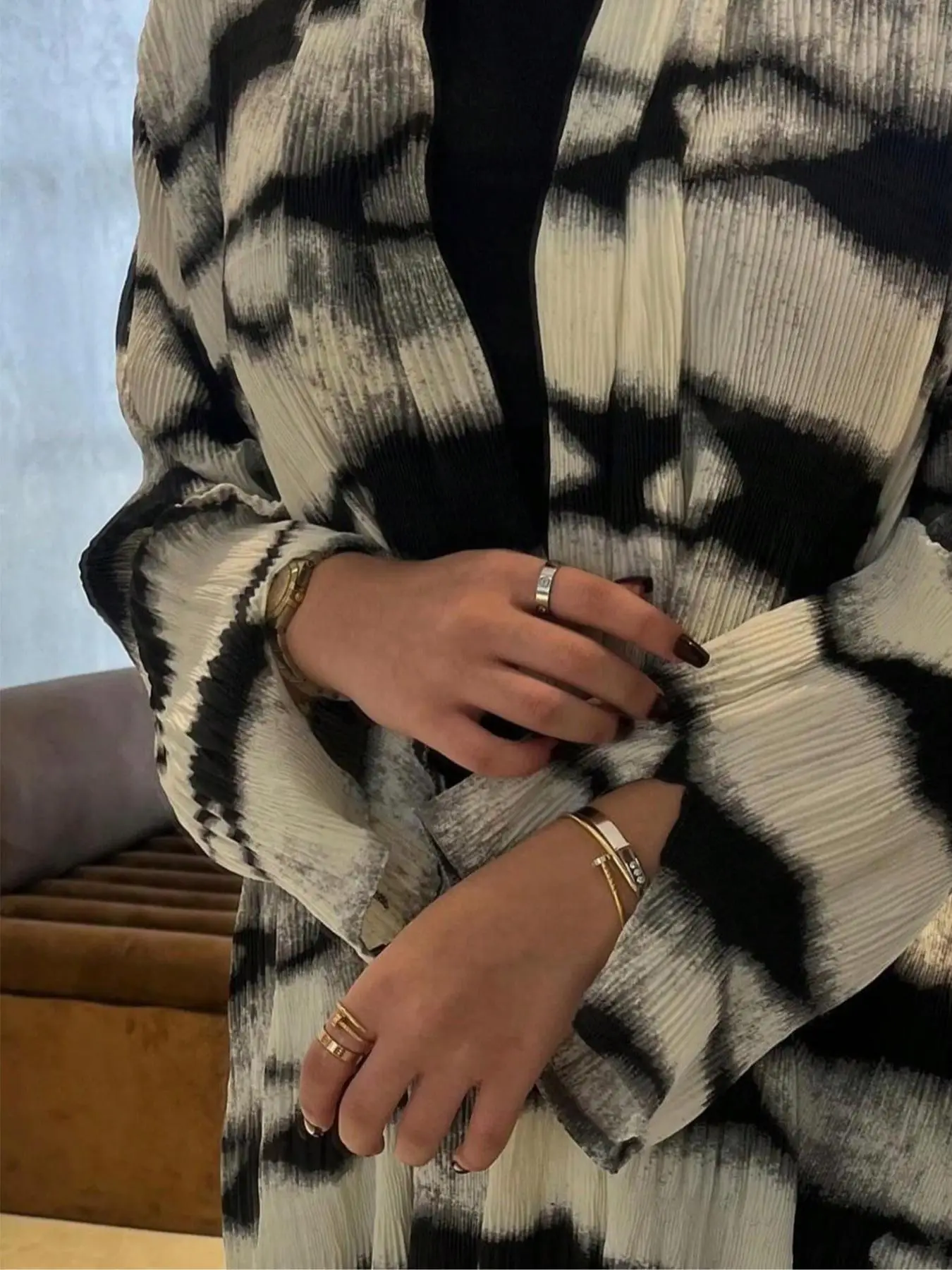 Women's Colorblock Print Open Front Abaya, Casual Long Sleeve Outerwear for Daily Wear, Ladies Clothes for All Seasons