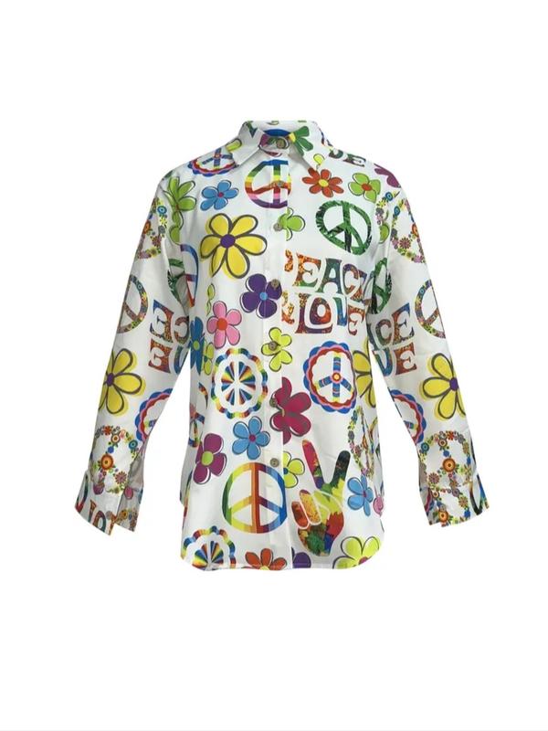 Women's Bohemian Style Printed Long Sleeve Shirt, Vibrant Peace Love Design, Casual Button Up for All Seasons