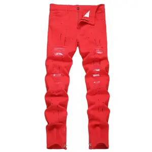 Men's Stretch Red Slim-Fit Jeans with Inkblot Printing & Zipper Design - Casual Elegance Streetwear Trouser Menswear Pants