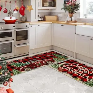 Xmas Kitchen Mats Set of 2 Farmhouse Truck Red Buffalo Plaid Christmas Decorations for Home Indoor Bathroom Easy Care Durable