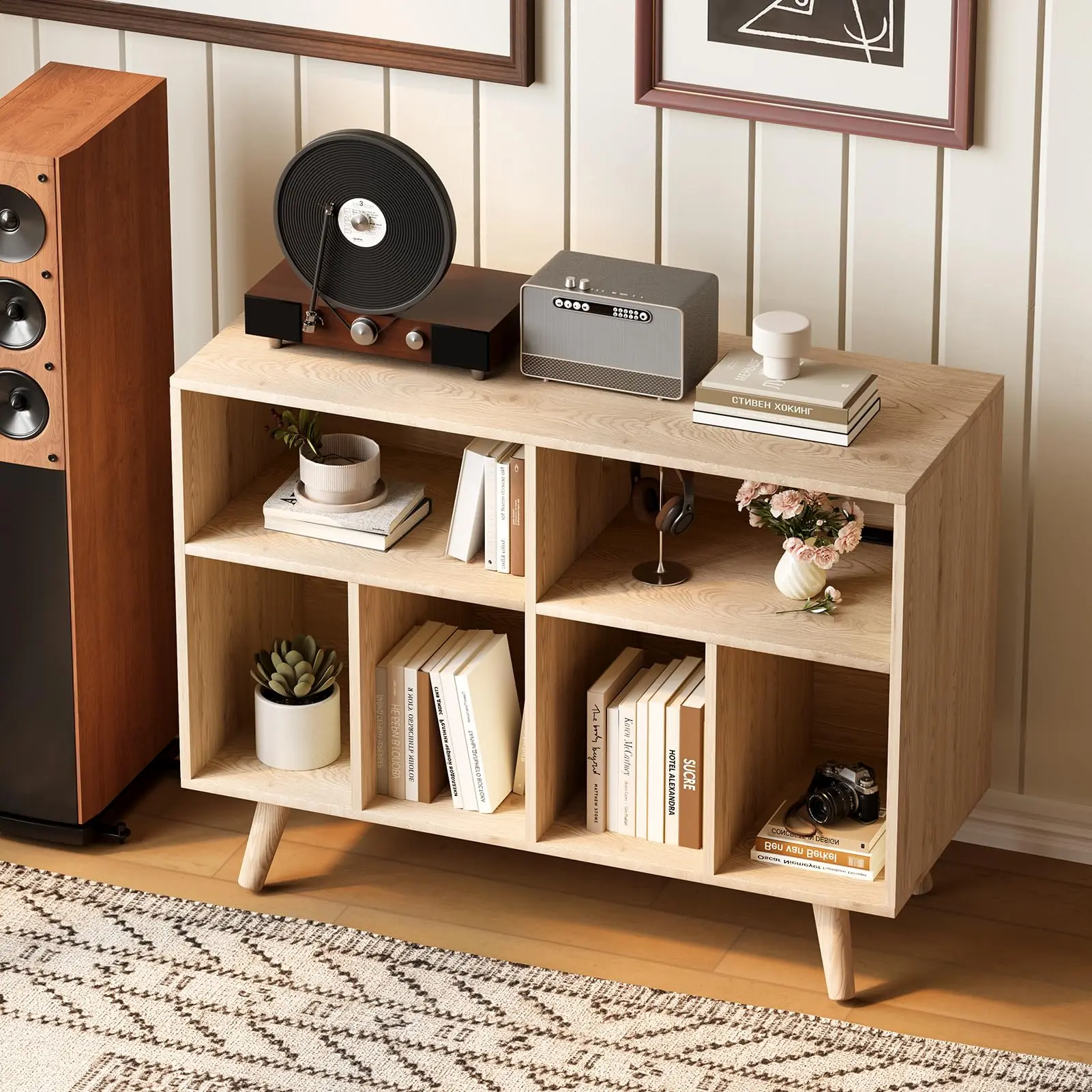 39 In Record Player Stand with Vinyl Storage & Charging Station, Modern Wood Turntable Stand for About 350 Albums, Compact Record Player Cabinet for Living Room Bedroom