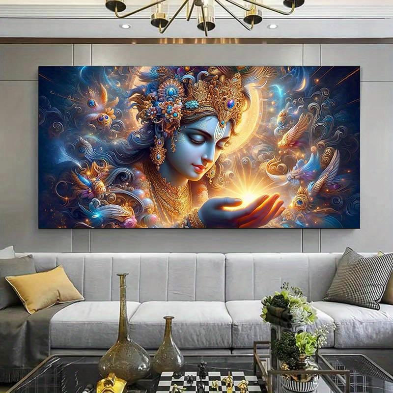 1 Canvas Painting with Wood Frame - Modern Krishna and Radha Statue Art - Gorgeous Hindu God Detail Painting, Religious Home Decor |   Modern Religious Art, Indian Style Home Decor, Large Canvas Wall Art for Room, Bedroom, Living Room, Office Decoration A