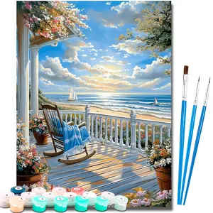 Paint by Number Kits for Adults Beginners, Easy Acrylic Simple Seaside Paint by Number Kits, DlY Watercolor Paint by Numbers Kits on Canvas Without Frame for Home Wall Decor Home Decoration 16x20inch