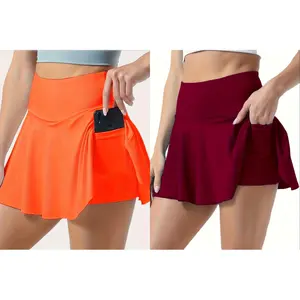 2pcs Women's Sporty Skirts with Korean Pockets Breathable Slim Fit Yoga Skort Built-in Shorts Anti-See-Through Running Fitness Tennis Skirts Summer Elegant Half-Waist Skirts Gift for Wife Family Friends