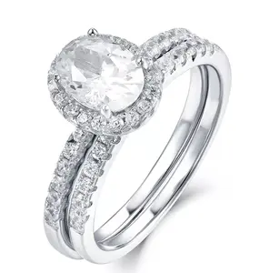 Janefashions 925 Sterling Silver Oval Halo Wedding Band CZ Engagement Rings Set Bridal Ring Set Size 2.5-15 SW59A