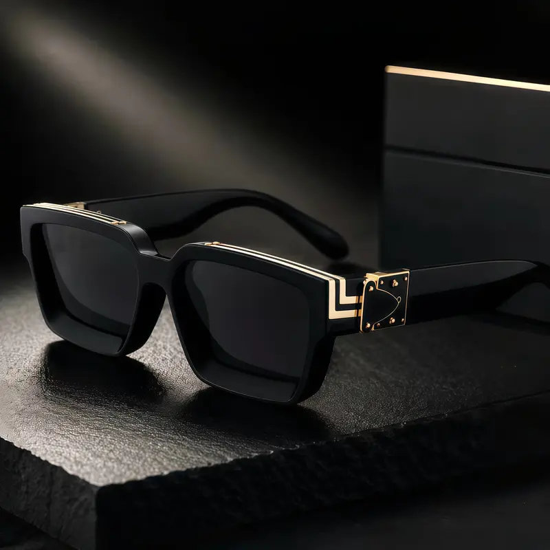 EUNOIALENS Men's Gold Metal Box-Shape Full Rim Sunglasses - Stainless Steel, Celebrity-Inspired Eyewear, Men's Accessories, Cool Gifts for Guys, Unique Mens Birthday Presents