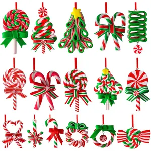 16pcs Christmas Lollipop Ornaments- Christmas Candies Polymer Clay Ornament- Xmas Decor Candy Cane Hanging Decorations for Xmas Tree Party Supplies