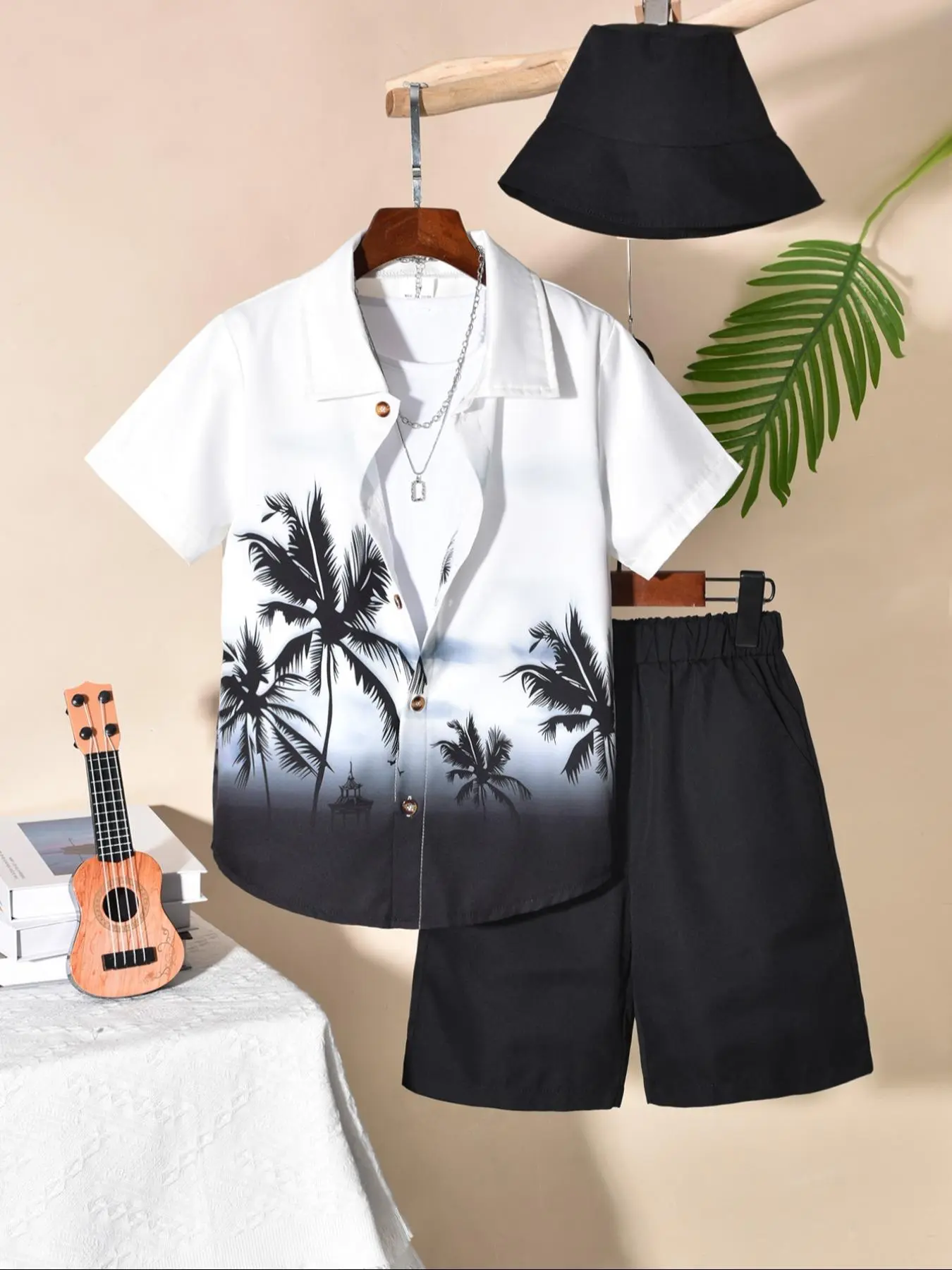Three-Piece Set Boy's Plants Print Shirt & Shorts & Hat Set, Casual Summer Clothing Set Outfit Sets Outfits Clothes for Kids, Short Sleeve Collared Top & Shorts with Hat