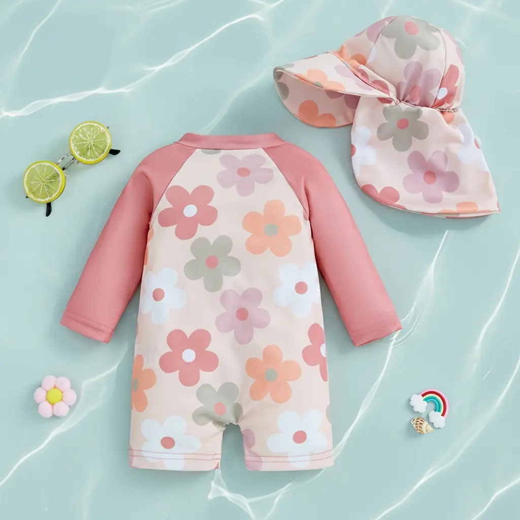 Global Baby Toddler Girls Beach Swimwear Long Sleeve Floral/Tropical Tree Print Zip Up Bathing Suits with Hat Girls Rash Guard Swimsuit with Hat   Flower Pattern Zip Up Long Sleeve Crew