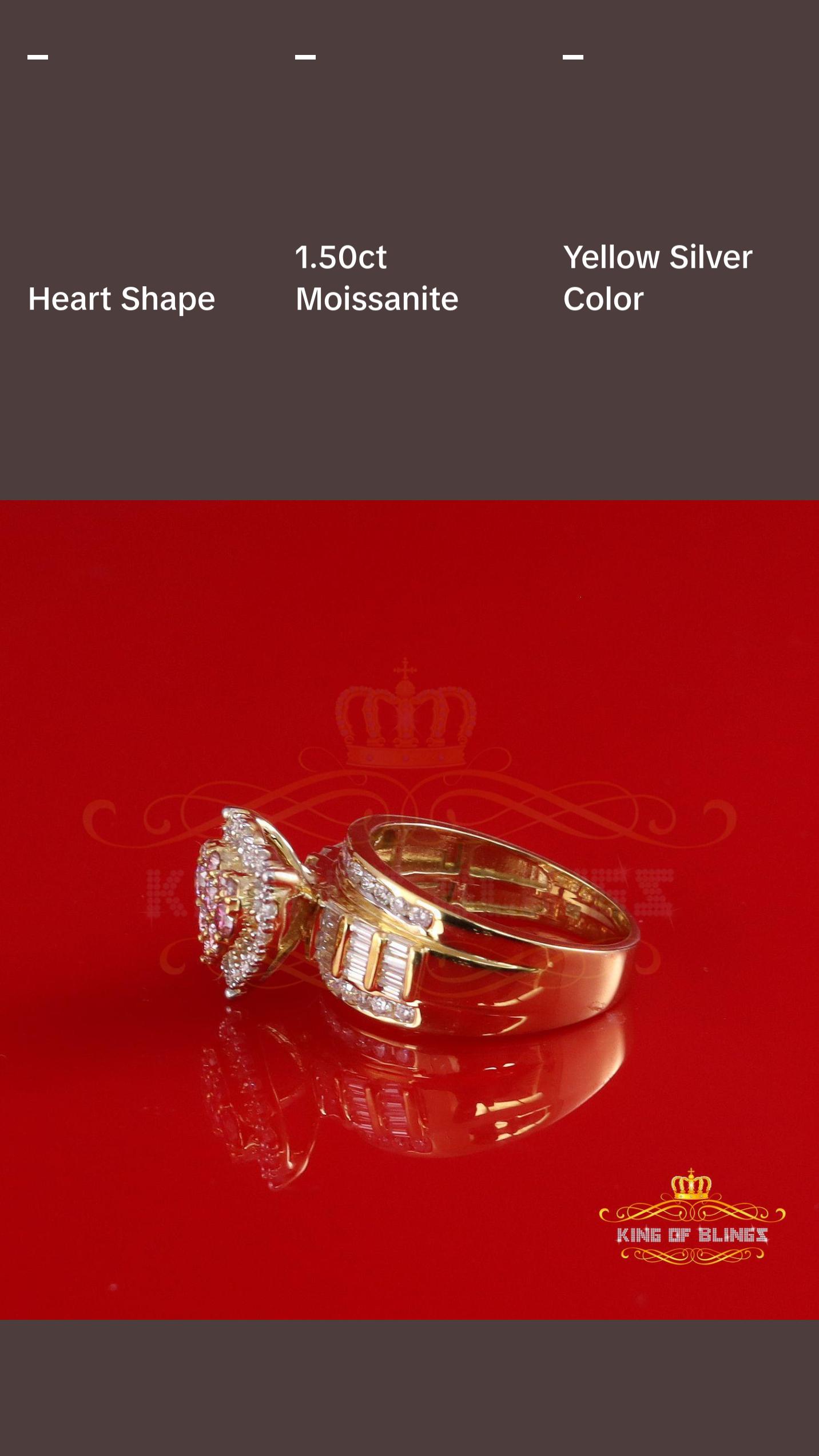 King of Bling's Womens 1.50ct 925 Silver VVS D Pink Moissanite Yellow Cinderella HEART Ring SZ 8