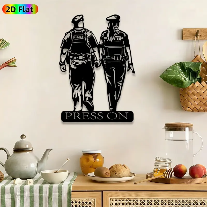 1pc Police Officers Silhouette Metal Wall Art, "Press On" Police Couple wall Scupltures Mural, Perfect for Police Week, Fathers Day Decor, Modern Home Decor, Office Man Cave Garage Decor, Ideal Gift for Law Enforcement Enthusiasts