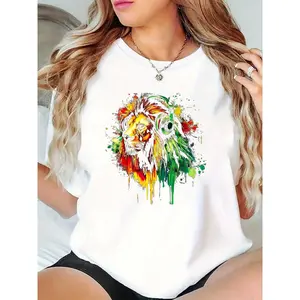 Women's White T - Shirt with Rasta Color Lion Head & Headphones Splash Ink Art - Casual Daily/Reggae Festival Outfit for Music Lovers Trendy Ladies Streetwear 100% Cotton T-shirt