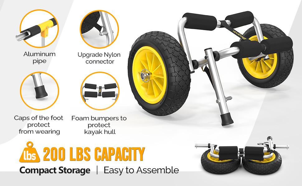 Bonnlo Kayak Car Foldable Aluminum Kayak Trailer with 10'' Solid Tires, Universal Kayaks Wheel Cart Dolly for Canoe, Paddle Board, Boat, Float Mats, Jon Boat