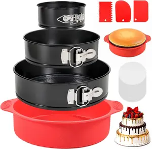 3 Pack 4 Inch 7 Inch 9 Inch Springform Pan Cheesecake Pan with Silicone Protector, 50 Parchment Paper Liners, 3 Cake Scrapers, Leakproof Round Cake Pan for Baking in Water Bath Nonstick Spring Form Pan