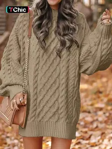 Women's Round Neck Knit Sweater Dress, Mid-Length Warm Pullover, Casual Loose Fit, Fall & Winter Fashion, Elegant High-End Design, Knitwear