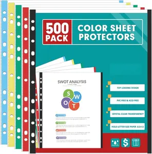 Sheet Protectors,  500 Pack Color Heavy Duty Plastic Page Protectors Sheet Reinforced 11-Hole Fit for 3 Ring Binder Fits Standard 8.5 x 11 Paper, 9.25 x 11.25 Top , Excluding Acid