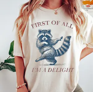 Women's Casual Printed Fabric Top, "First of All I'm a Delight" Sarcastic Funny Raccoon Unisex Graphic T-shirt