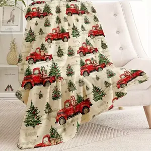 Festive Vintage Red Trucks Christmas Throw Blanket Soft Lightweight Classic Trucks Trees Design for Sofa Bedroom Country Holiday Decoration Christmas Gift