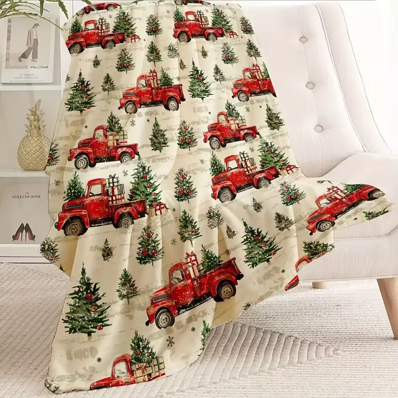 Vintage Red Farm Truck Christmas Tree Gift All Over Print Off White Flannel Blanket Soft Warm Throw Plush Blanket Rustic Farmhouse Winter Xmas Aesthetic Bedroom Couch Nap Blanket Giftable Country Vintage Christmas Decor Blanket For Room Party Day Gift Pop