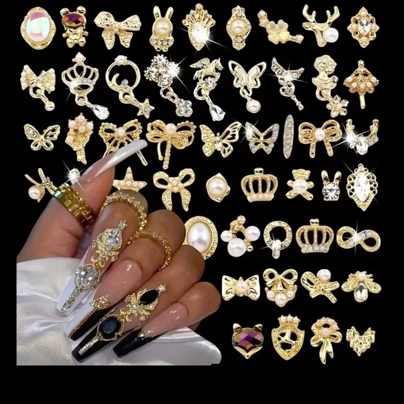 Luxury Gold 3D Nail Charms - Mixed Rhinestone, Pearl, and Bow Nail Art Decorations