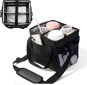 Black Reusable 4-Cup Drink Carrier with Handle, Adjustable Dividers, Leak-Proof Strap, Portable Foldable Design - 80oz Tumbler Water Bottle Coffee Cup Organiser, Kitchenware Drinkware Accessory for Travel, Gym