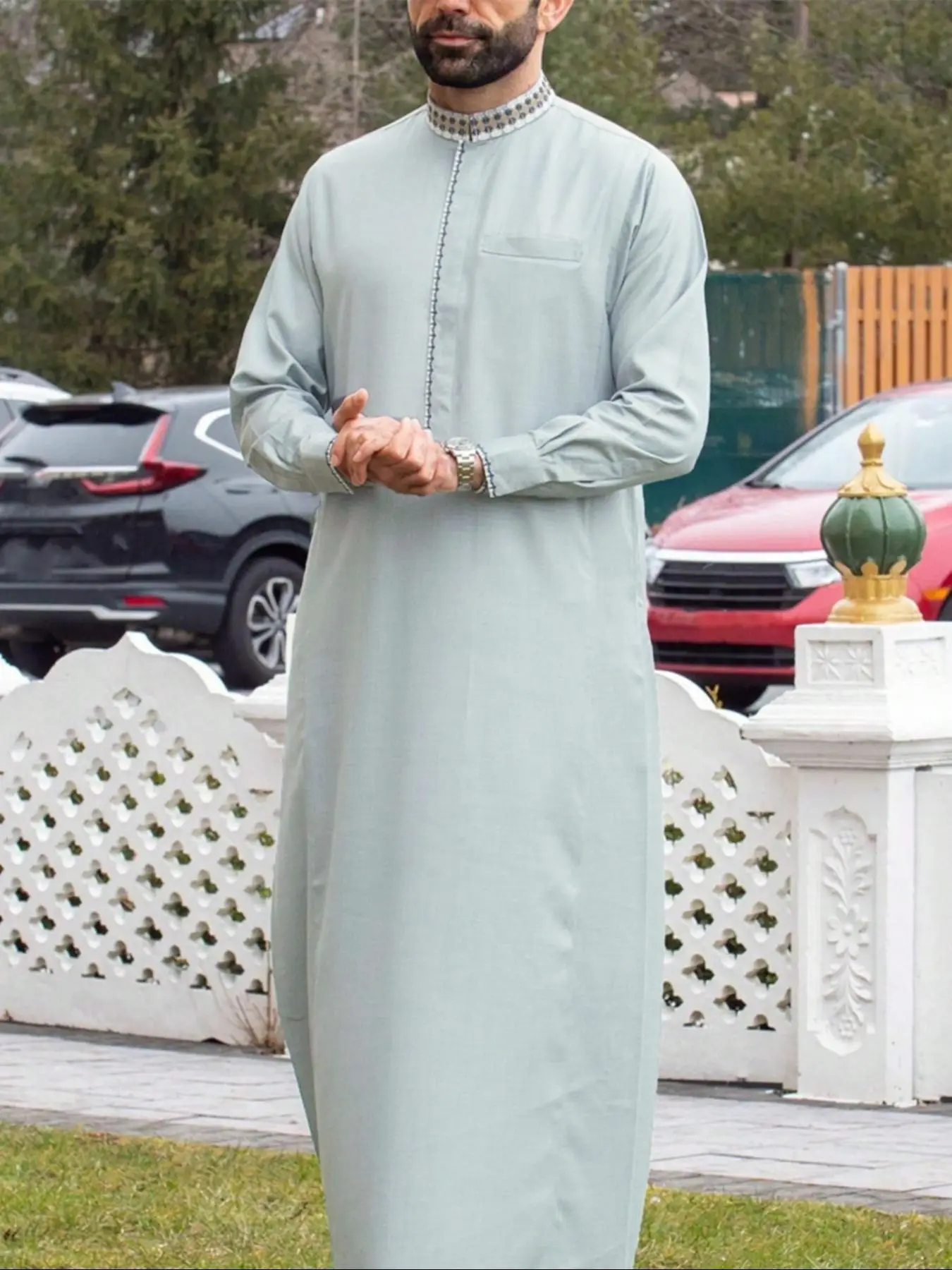 Men's Embroidery Robe, Loose Casual Long Sleeve Thobe, Men's Muslim Islamic Clothing for Daily Wear, Kurta for Men