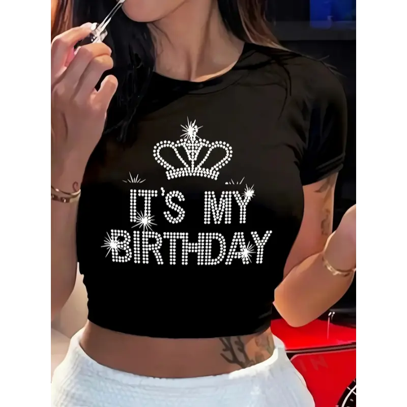 Women's Crop Top, Shortsleeve Slim Fit Tee with Floral Rhinestone Graphic Appliqué, Knit Polyester Shirt for All Seasons, Sexy Look, Rhinestones, Casual, Fabric, Lady, Polyester Knit, Machine Washable, Do Not Dry Clean, Slim-Fitting