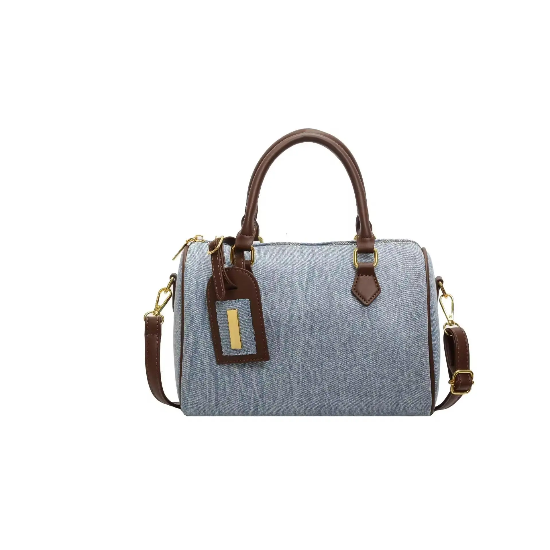 Women's Denim Crossbody Handbag - Barrel Style with Top Handle, Zip-Top Casual Purse, Carry-All, Contemporary, Fabric, Hands-Free Women's Handbags, Carry-All Women's Handbags