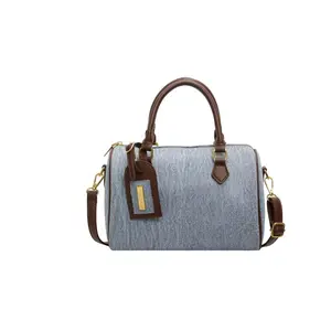 Women's Denim Crossbody Handbag - Barrel Style with Top Handle, Zip-Top Casual Purse, Carry-All, Contemporary, Fabric, Hands-Free Women's Handbags, Carry-All Women's Handbags