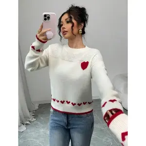 Women's Heart Print Knit Sweater, Slim-Fitting Round Neck Pullover, Casual Fashion for Fall & Winter, Perfect for Daily Wear