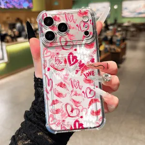 Transparent Card Slot Case, Lip Heart Pattern, Thick Anti-Drop Shockproof Protective Phone Case Cover Compatible with iPhone 17/17 Pro Max/air/11-16 Series