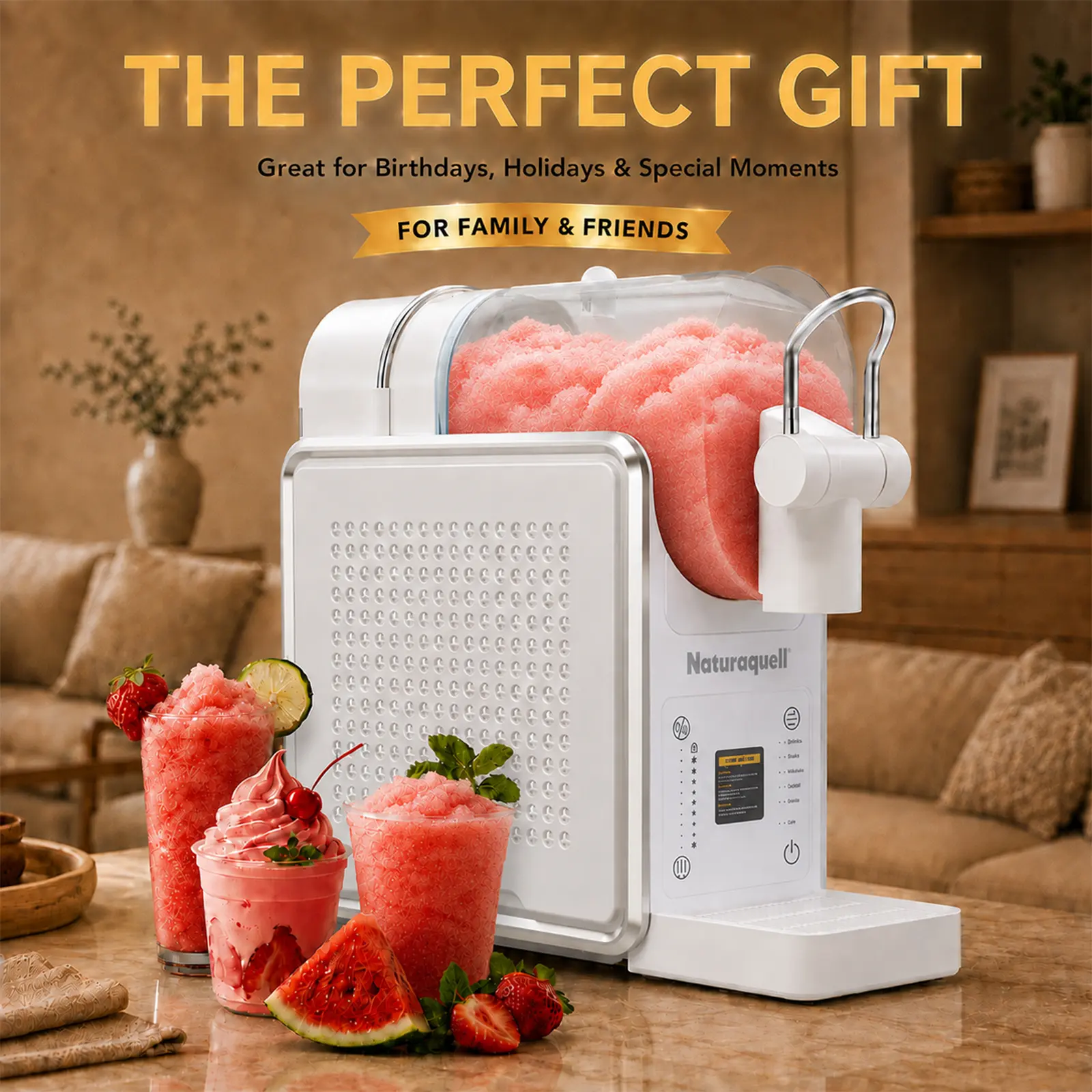 Naturaquell Slushie Machine, White Frozen Drink & Beverage Maker with Built-in Compressor, No Ice Needed, 68oz Large Capacity, 5 Modes for Home Slushies, Frozen Cocktails, Margaritas, Ice Free Party Drinks, Kitchen Gadget, Housewarming & Birthday Gift