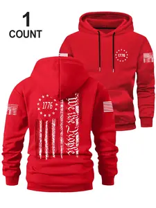 Men's Fall Winter Hooded Sweatshirt, Drawstring Hoodie with Flag Print, Chest Pocket, Elastic Waistband, Long Sleeve, Casual Loose Fit for Daily Wear and Outdoor Activities